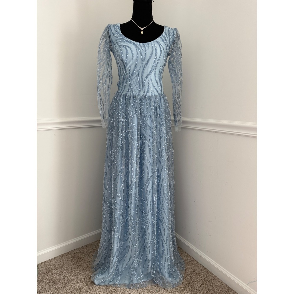 Whimsigoth Ice Blue beaded Formal Gown Fairycore Long Sleeve Mesh Dress XS/S - Picture 13 of 13